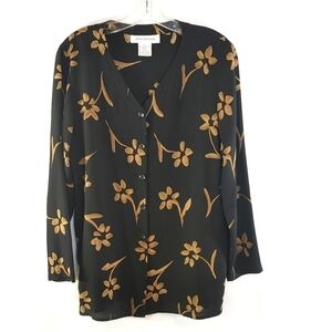 Jones New York Blouse Gold and Black Floral 100% Silk Size 8
